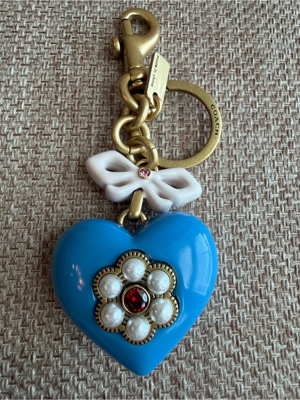 Coach Blue Heart Keychain with Pearl Flower and White Bow